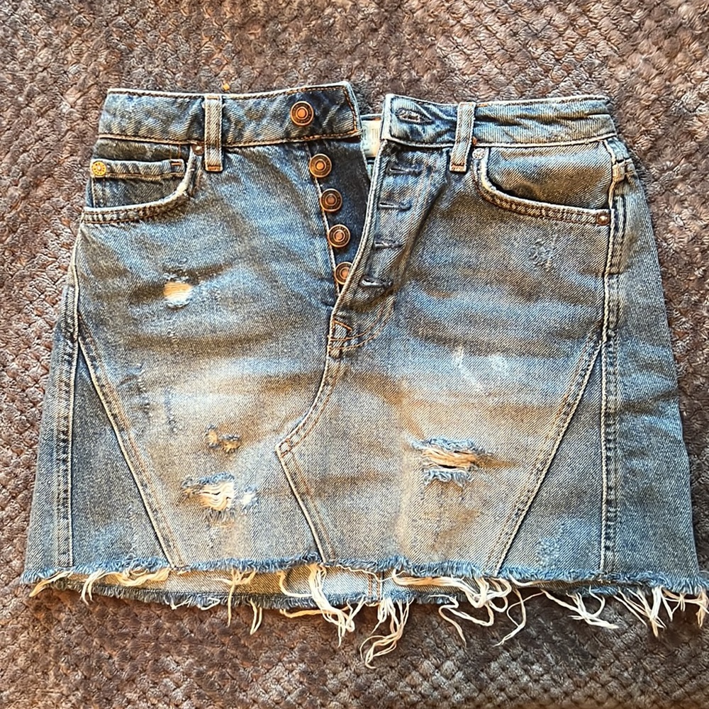 Free People Distressed Raw Hem Denim A-Line Skirt In Indigo/Blue